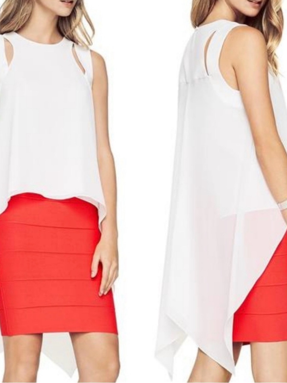BCBGMaxAzria Sheilah White Asymmetric Sleeveless Cut Out Top
